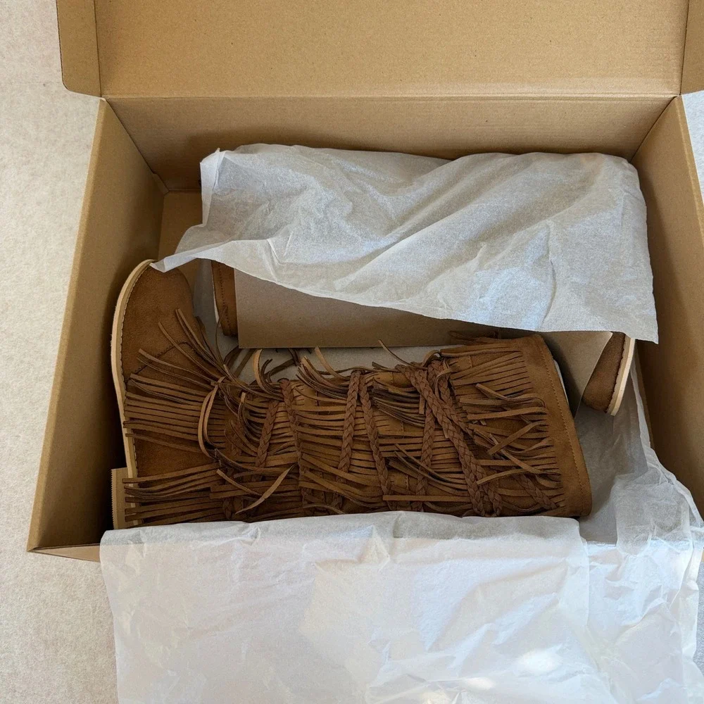 Joyfolie Kids Riley Boot Tan Girls size 1Y Vegan Suede Fringe Braided Boho Boots